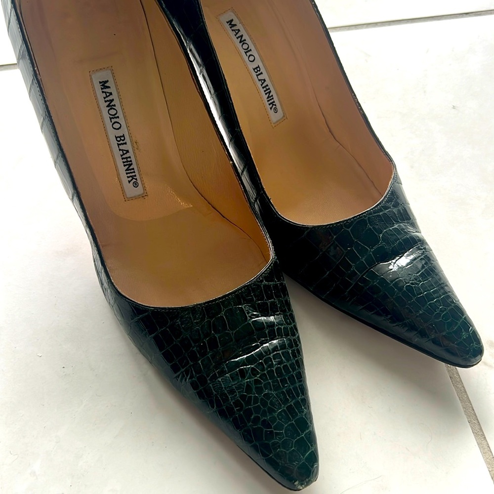 Manolo Blahnik Crocodile Pumps in 39.5! Very dark green, almost black.